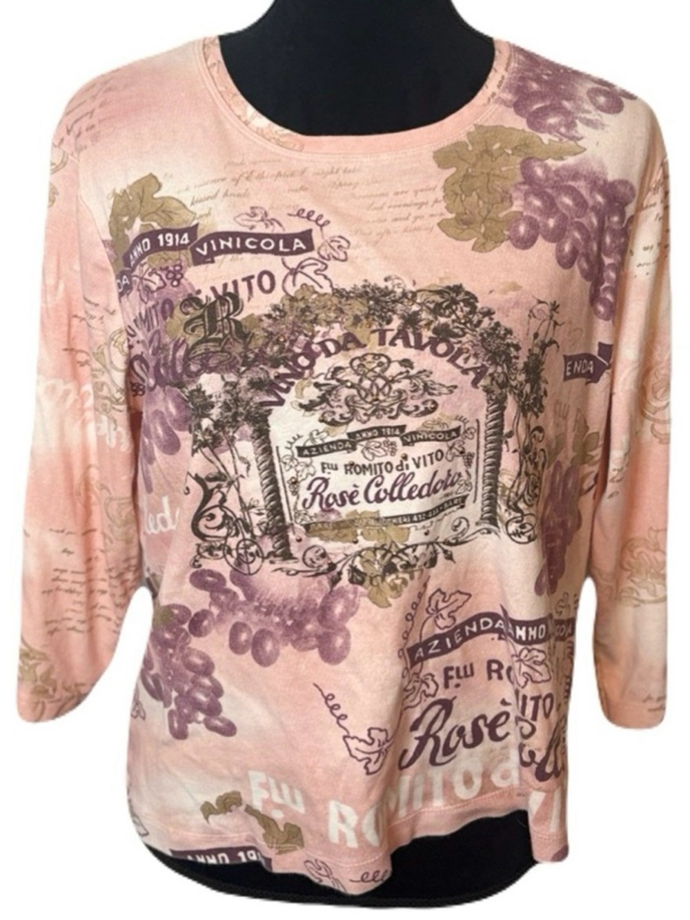 Nicole Miller Y2K Pink Colledoro Wine-Themed Merlot 3/4 Sleeve Tee: Size XL